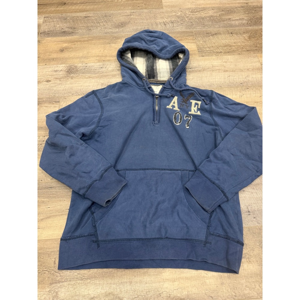 American Eagle Outfitters Mens Blue Quarter Zip Hoodie Plaid Lined Large AE 07